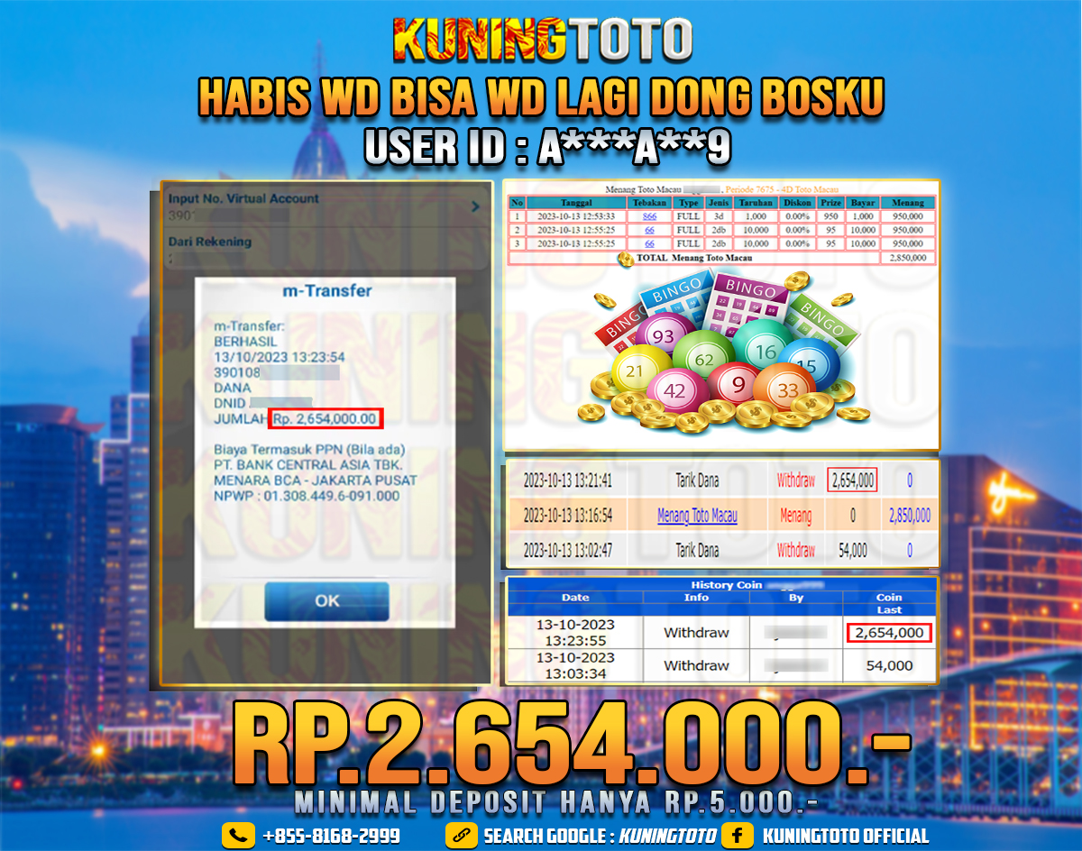 Bukti JP Togel member KUNING TOTO 13 OKTOBER 2023 3D 2D Jackpot