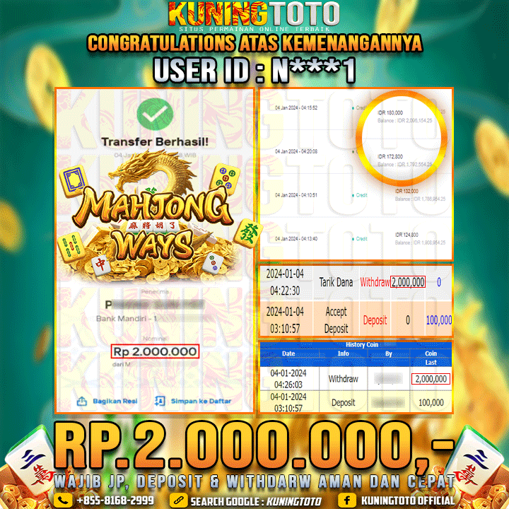 Bukti JP Slot Kuning toto 04 Januari 2024 Mahjong ways 2 Gacor