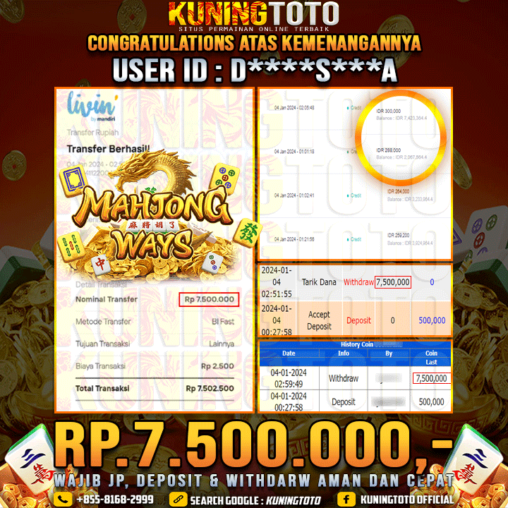 Bukti JP Slot Kuning toto 04 Januari 2024 Mahjong ways 2 Gacor