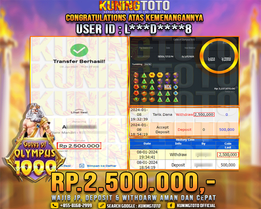 Bukti JP Slot Kuning toto 08 Januari 2024 Gate of Olympus 1000