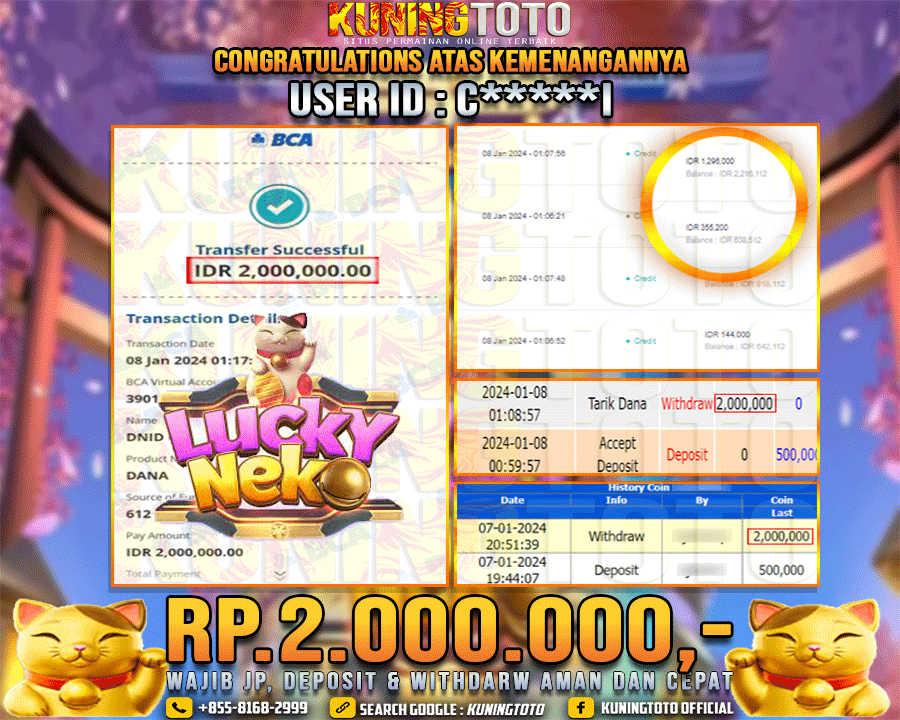 Bukti JP Slot Kuning toto 08 Januari 2024 Lucky Neko