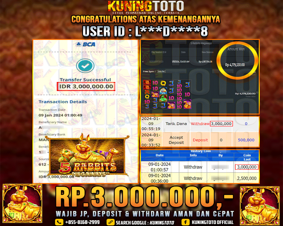 Bukti JP Slot Kuning toto 09 Januari 2024 5 Rabbits Megaways