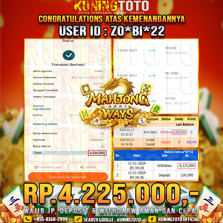 Bukti JP Slot Kuning toto 11 Januari 2024 Mahjong ways 2