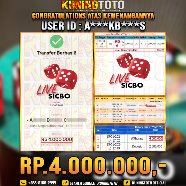 Bukti JP Live Casino Member Kuningtoto 15 Januari 2024 Sicbo Dice