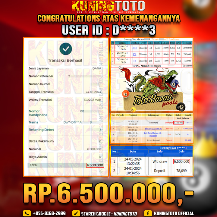 Bukti JP Togel KUNING TOTO 24 Januari 2024 Toto Macau 2D 3D 4D