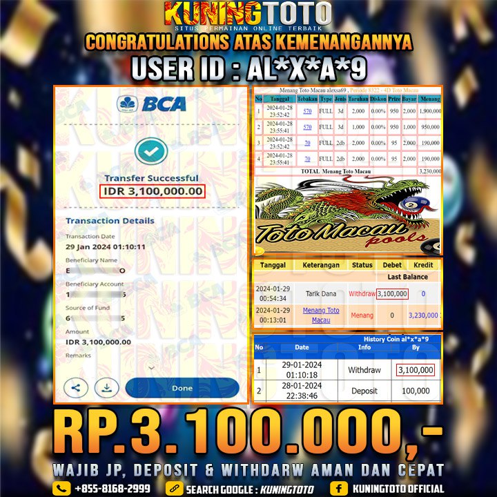 Bukti JP Togel KUNING TOTO 29 Januari 2024 Toto Macau 2D 3D